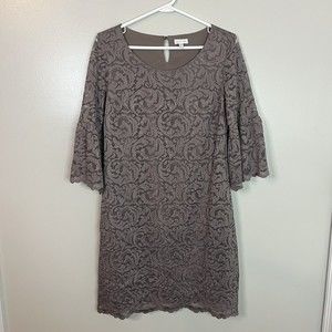 Garnet Hill Womens Lace Shift Dress Stretch Mocha 3/4 Sleeve Lined Size 4